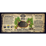 Label of MYCO Matrix Organic Mesima Extract with mushroom graphic and text on a beige background