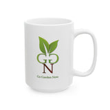 White mug with 'Go Garden Now' logo on a white background