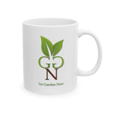 White mug with 'Go Garden Now' logo featuring green leaves on a white background