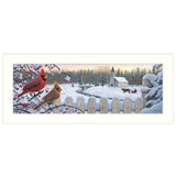 Winter scene with cardinals on a fence, snow-covered landscape, and church in the background.