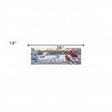 Winter scene with two cardinals on a fence, measurement details shown.