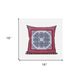 Decorative pillow with a red border and central pattern, shown with dimensions on a white background.