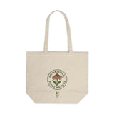 Beige tote bag with a echinacea logo on a white background