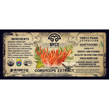 Label of MYCO Matrix Organic Cordyceps Extract with ingredients and product details.