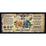 Label for MYCO Matrix Turkey Tail Extract with floral design and text on a white background