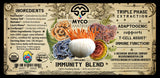 Label of MYCO Matrix Immunity Blend with mushroom graphics and text on a beige background