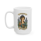 White mug with a graphic of a woman and text on a white background