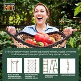Woman holding a basket of vegetables with C-Bite branding and product features displayed.