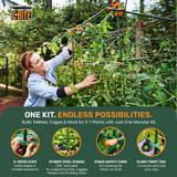 Person using a gardening tool on a trellis with 'G-Bite' branding and product features displayed.