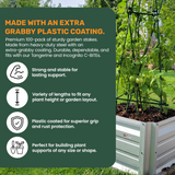 Garden stake with text about its features and uses, set against a garden background.