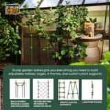 Garden trellis system with plants and G-Bite branding, featuring text about product uses.