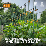 Garden trellis system with plants growing on it, branded 'G-Bite', in an outdoor setting.