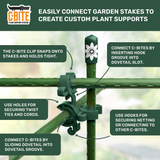Garden stake support system with C-Bite clips and instructions on a green background
