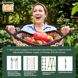 Woman holding a basket of vegetables with C-BITE plant support system branding.