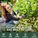 Woman gardening with text about customizable, reusable C-BITE Maker Kit Plant Support System