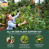Person using a The C-BITE Maker Kit Plant Support System  in a garden with text highlighting features.