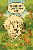 Cartoon character with a bottle of CBD oil in a forest setting, with text 'Brain fog? I don't know her.'