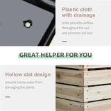 Farmhouse 4 Piece Wooden Elevated Raised Garden Bed Planter Box with text about plastic cloth with drainage holes and hollow slat design.