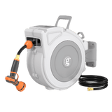 Retractable Garden Hose Reel-1/2 in-65ft with attached hose and nozzle on a white background