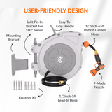 Retractable Garden Hose Reel-1/2 in-65ft with features labeled on a white background