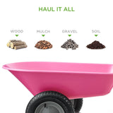 Heavy Duty 2-Wheel Multipurpose Rust Proof Wheelbarrow - Pink with materials it can haul on a white background