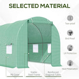 Green greenhouse with material features listed on a white background