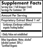 Supplement facts label for a product containing Cordyceps extract with serving size and container details.