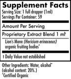 Supplement facts label for a product with Lion's Mane extract blend.