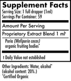 Supplement facts label for a product with Poria extract, showing serving size, servings per container, and ingredient list.