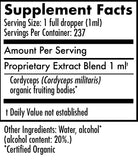 Supplement facts label for a product containing Cordyceps extract with serving size and container details.