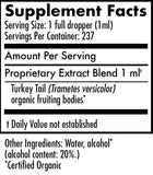 Supplement facts label for a product with turkey tail extract, showing serving size, servings per container, and ingredient list.