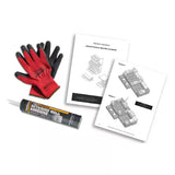 Retaining wall installation kit with gloves, adhesive, and instructions on a white background
