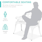 Outdoor Patio 39-inch Garden Bench with Backrest in White Metal Finish with a silhouette of a person sitting on it, indicating seating capacity and weight limit.