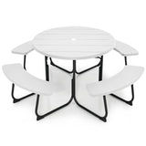 White Outdoor Metal and HDPE Picnic Table Bench Set with Umbrella Hole on a white background