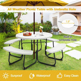 White Outdoor Metal and HDPE Picnic Table Bench Set with Umbrella Hole on a grassy area.