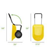 Heavy Duty 2-Wheel Multipurpose Rust Proof Wheelbarrow - Yellow with measurements on a white background