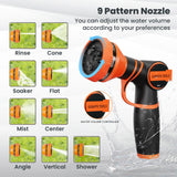 Giraffe Tools garden hose nozzle with 9 water pattern illustrations on a white background.