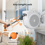 Retractable Garden Hose Reel-1/2 in-65ft with adjustable lock mechanism, outdoor setting.