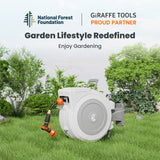 Retractable Garden Hose Reel-1/2 in-65ft with National Forest Foundation and Giraffe Tools branding in a garden setting.