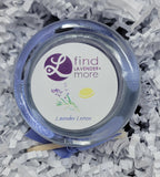 Jar of lavender lemon product with 'find Lavender + more' label on crinkled paper