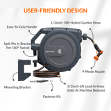 Retractable garden hose with labeled components on a white background