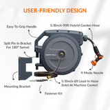 Giraffe Tools garden hose reel with features highlighted on a white background