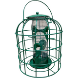 Green bird feeder with clear container on a white background