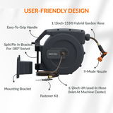 Garden hose reel with features labeled on a white background