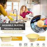 A promotional graphic for silicone and proofing baskets, showing a woman and child washing dishes in a kitchen, a circular inset of a basket inside a dishwasher, and two large product views of oval and round beige baskets with text describing washability and dimensions.