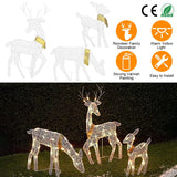 Decorative LED reindeer family set with lights on a grassy background, featuring CE and RoHS logos.