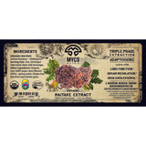 Label of MYCO Matrix Organic Maitake Extract with ingredients and branding details.