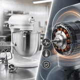 A white stand mixer with a stainless steel bowl is shown beside a close-up of a motor interior with glowing orange airflow lines and three circular icons, set against a blurred kitchen background.