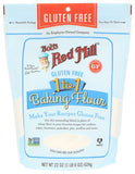 Bob's Red Mill Gluten Free 1 to 1 Baking Flour in a 22 oz resealable stand-up pouch. The packaging features a light blue background with a red brand banner at the top, a white illustration of the company's founder, and a clear window near the bottom showing the flour inside.