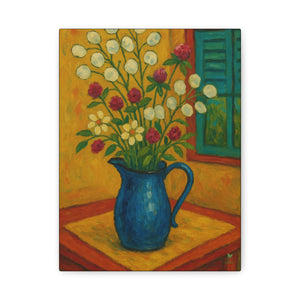 Gullah Geechee Folk Art Still Life, Wildflower Bouquet with Lunaria and Clover in Enamel Pitcher